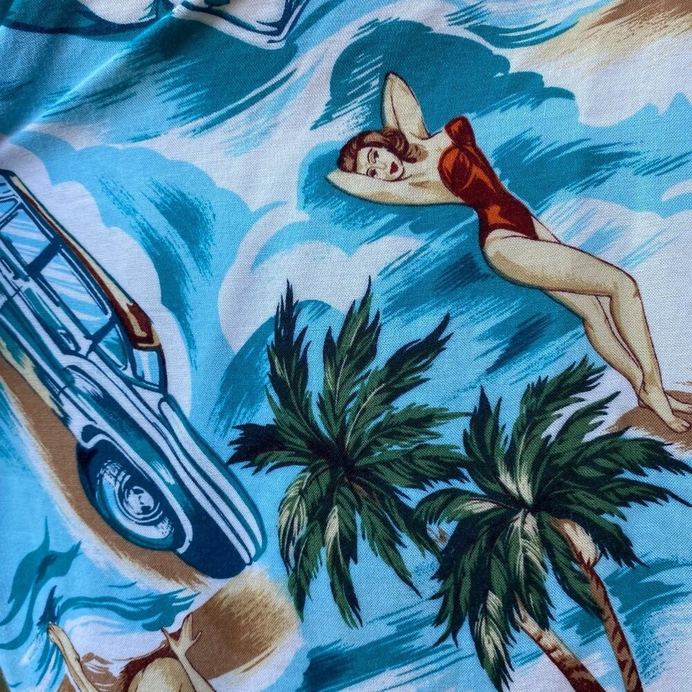 Marc Edwards Men’s Hawaiian Camp Shirt size XL Cars Convertible Pin Up Girl - Picture 6 of 14